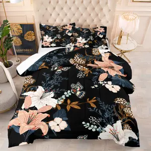 Lily Flower Butterfly Pattern Comforter Set, Including 1 Comforter And 1 Or 2 Pillowcases Without Insert, Suitable As a Gift For Teenagers And Adults, Soft And Warm Bedroom Decoration
