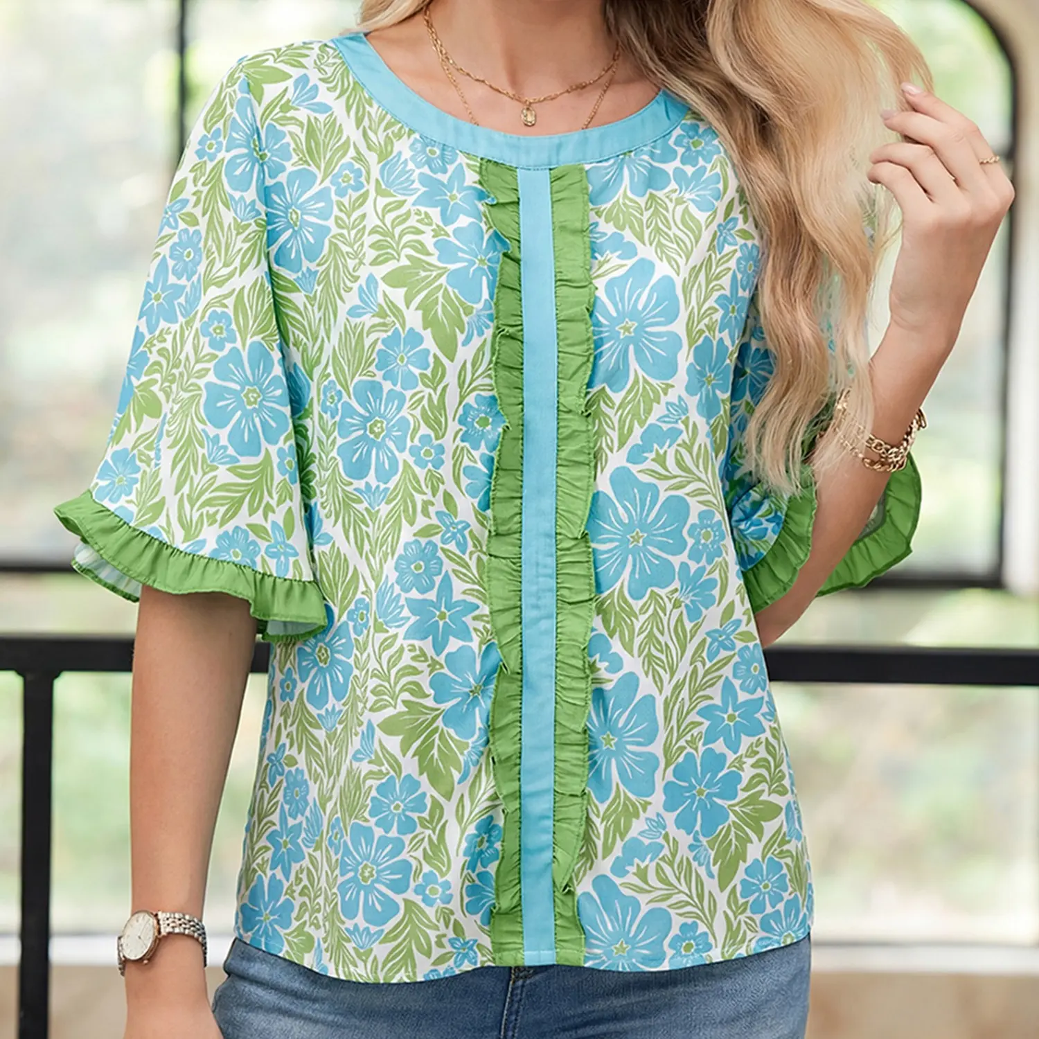 Women's Casual Floral Print Blouse, Soft Viscose Top with Ruffled Half-Sleeves and Color Block Trim, Viscose Softness, Fashion Inspiration, M, Casual Wear, Shortsleeve, Half Sleeve, Style Inspo, Colorful Style