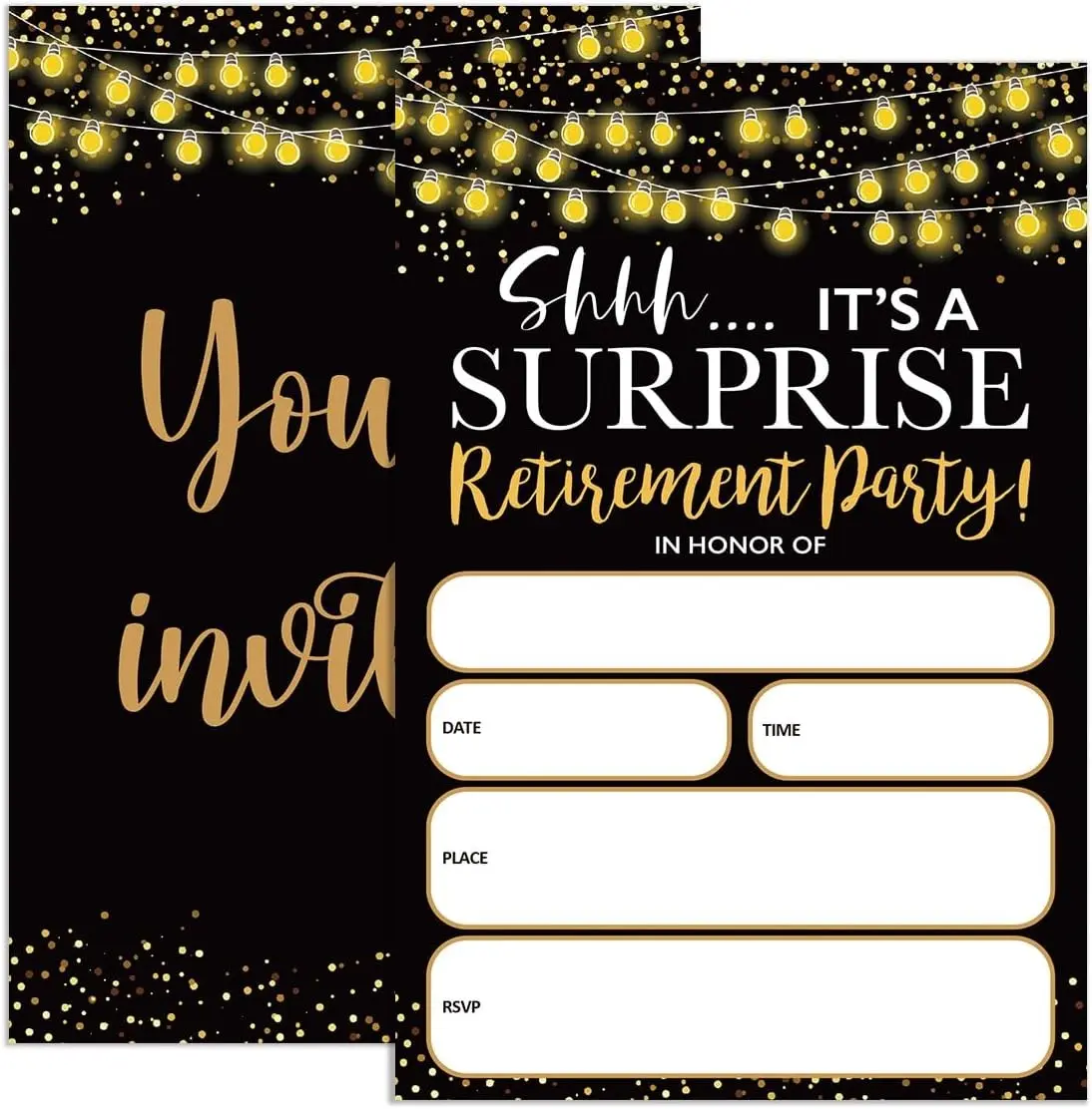 Retirement Party Invitations for Women Men with Envelopes 4"x6" Set of 20 Elegant Black Gold Glitter String Lights for Surprise Retired Party
