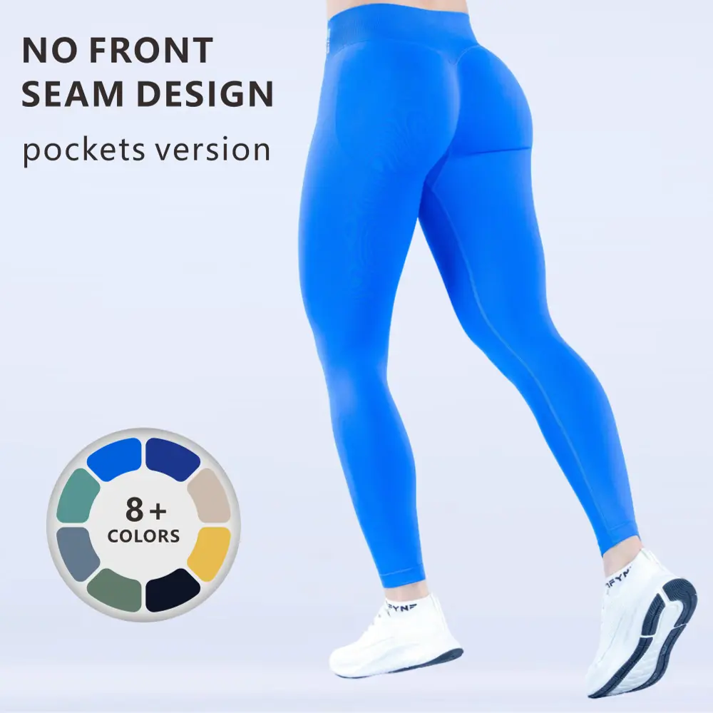 Women High Waist Seamless No Front Seam Workout Leggings With Pockets, Butt Lifting Stretchy Yoga Gym Training Pants  Minimalist Womenswear