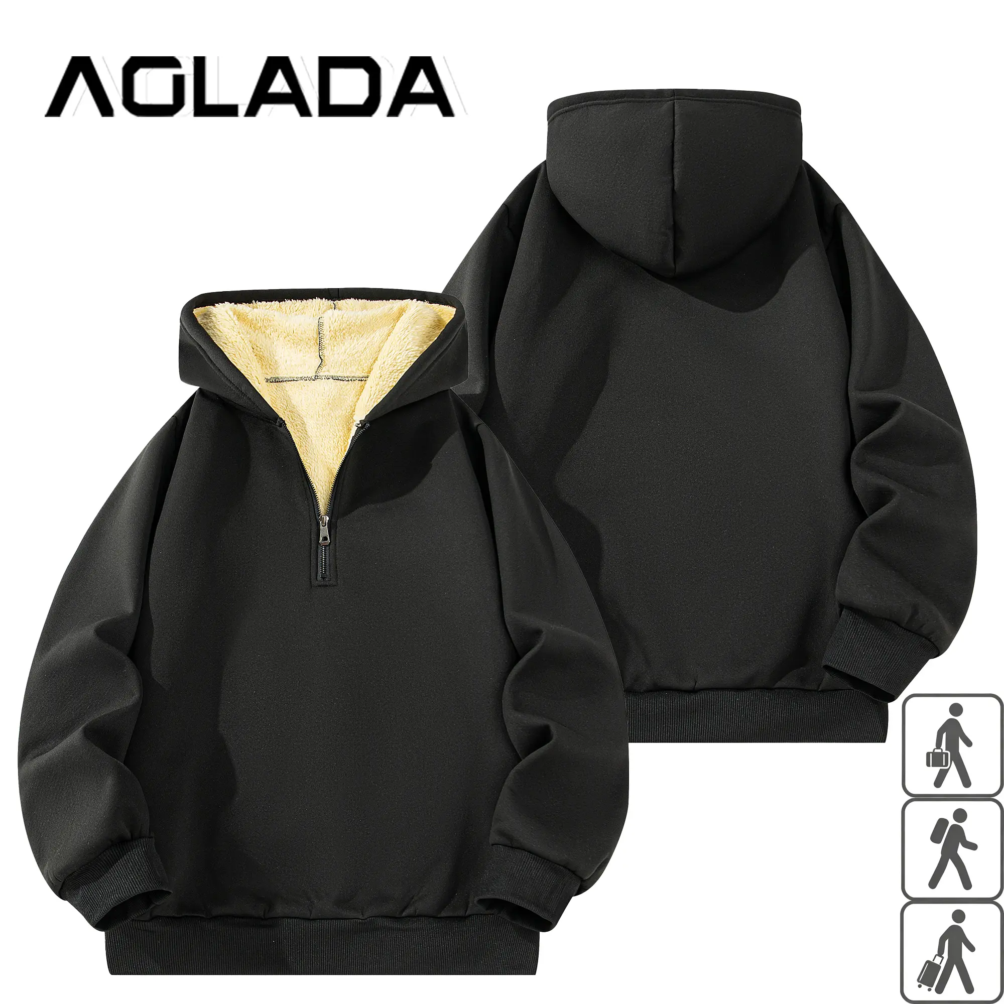 Men’s fashion half-zip hooded sweatshirt for autumn/winter, plus size loose fit, edgy cool, versatile high-street style, fleece-lined, thick outerwear