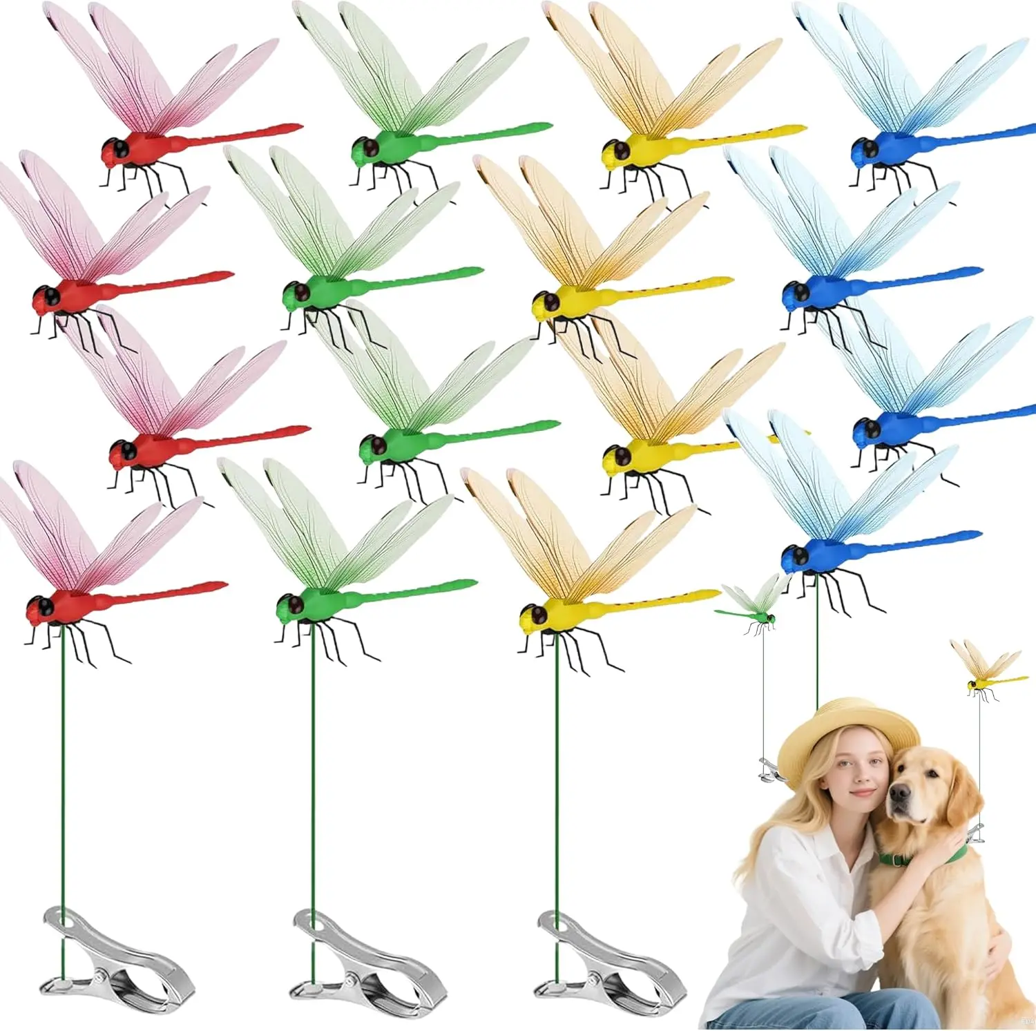 12Pcs Metal Artificial Dragonfly Clip Outdoor Garden Decor, 3D Dragonfly Bird Fly Repellent Clip, Natural Bug Deterrent, Hat Ornament Indoor Home Creative Accessories
