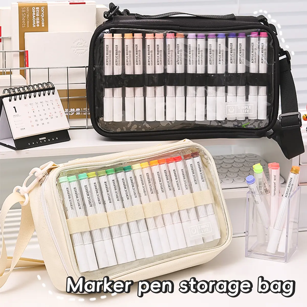 Large Capacity Multi-layer Portable Marker Pen Storage Bag Multi-function One-shoulder INS Style Beauty Brush Eye Shadow Pallet Stationery Storage Makeup Bag Pen Bag Aesthetic Pens Artistic Storage Office Supplies