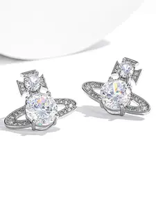 Silver Color Zircon Oval Earth Star Ball Stud Earrings, High Quality Earrings, Punk Hip Hop Street Style, Unisex Fashion Jewelry for Daily Wear