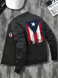 Men's Casual Stand Collar Zipper Jacket, Puerto Rico Flag Pattern, Lightweight Polyester, Spring/autumn Fashion, Sporty Style, Casual Fitted Jacket, Athlete Jackets