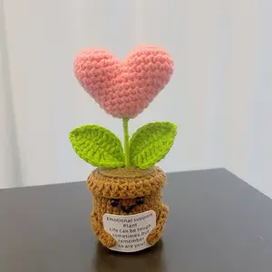 Heart-Shaped Hooked Pot with Encouragement Card, Soft Knitted Decoration, Handmade Emotional Support Plant, Birthday Gift, Christmas Decor