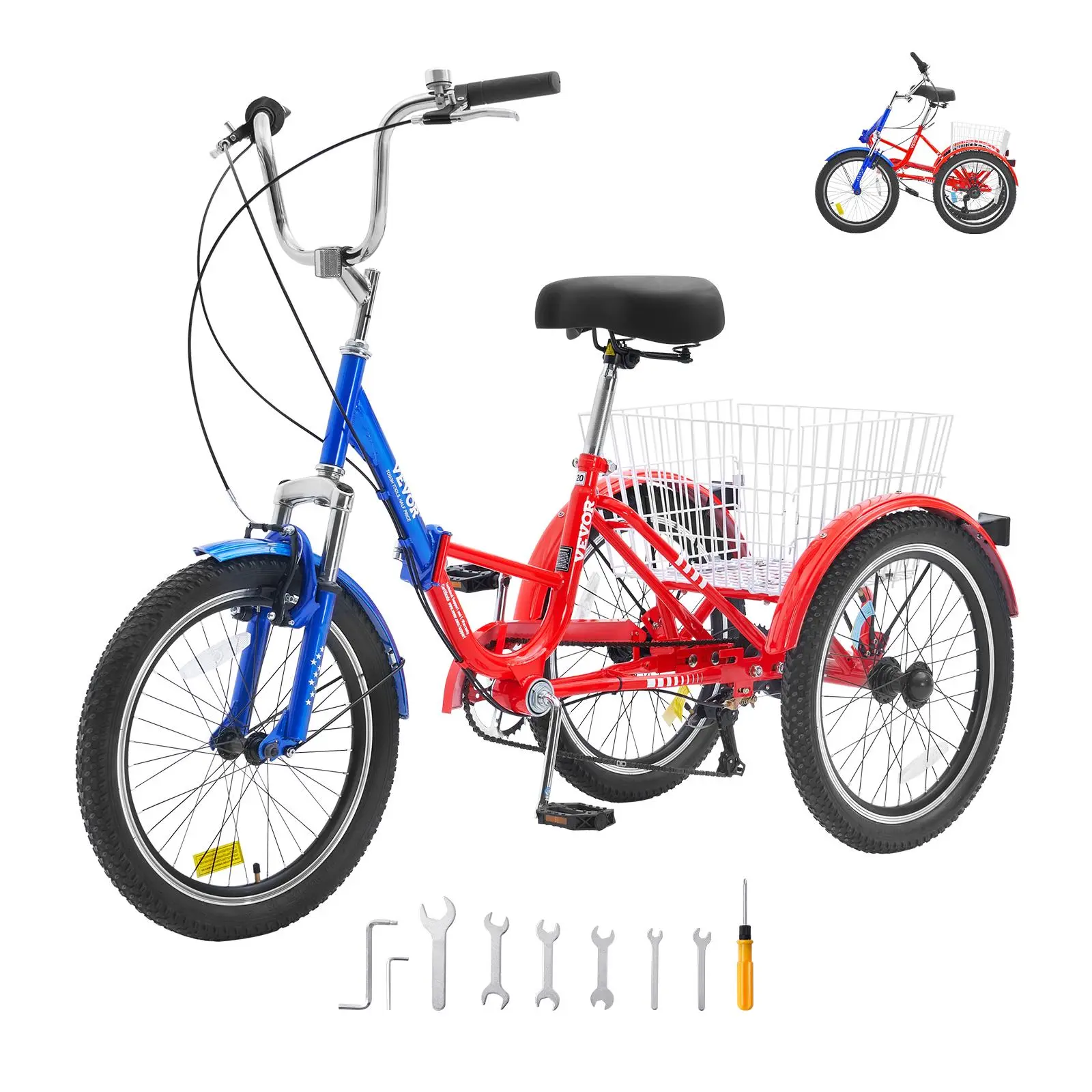 VEVOR Adult Folding Tricycle Bikes, 20-in Carbon Steel 7-Speed 3-Wheel Commuter Cruiser Bikes with Large Basket & Adjustable Seat, for Seniors & Shopping Use, Fold Folding Bikes