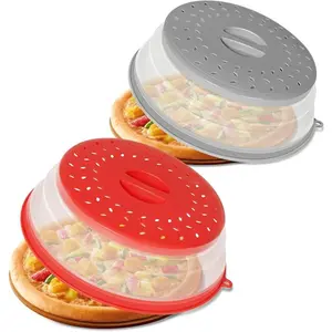 2 Pack Collapsible Microwave Splatter Cover, Vented Microwave Lid with Hook Hole, Splatter Guard for Plate Dish Bowl, Vegetable Fruit Colander Multi-function Kitchen Gadget(Grey & Red)