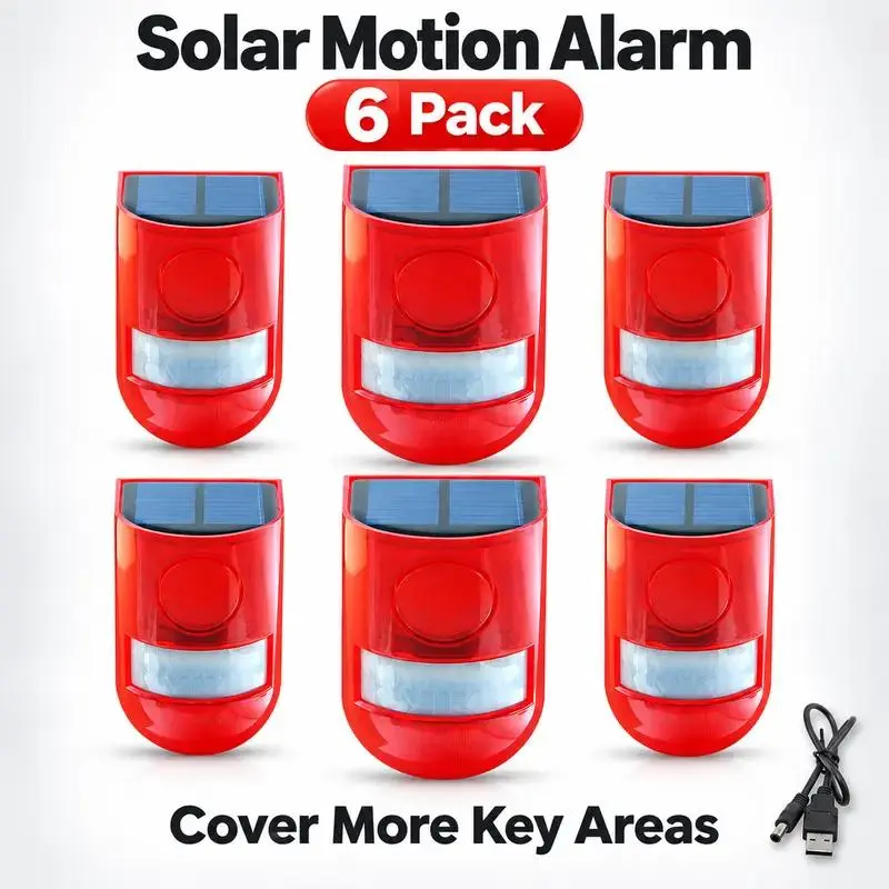 6 Pack 129dB Solar Powered Siren Alarms – Outdoor Motion Sensor Security with 4 Working Modes, IP65 Waterproof Strobe Light for Home, Yard, Garage, Shed & Farm, Multi-Area Property Coverage