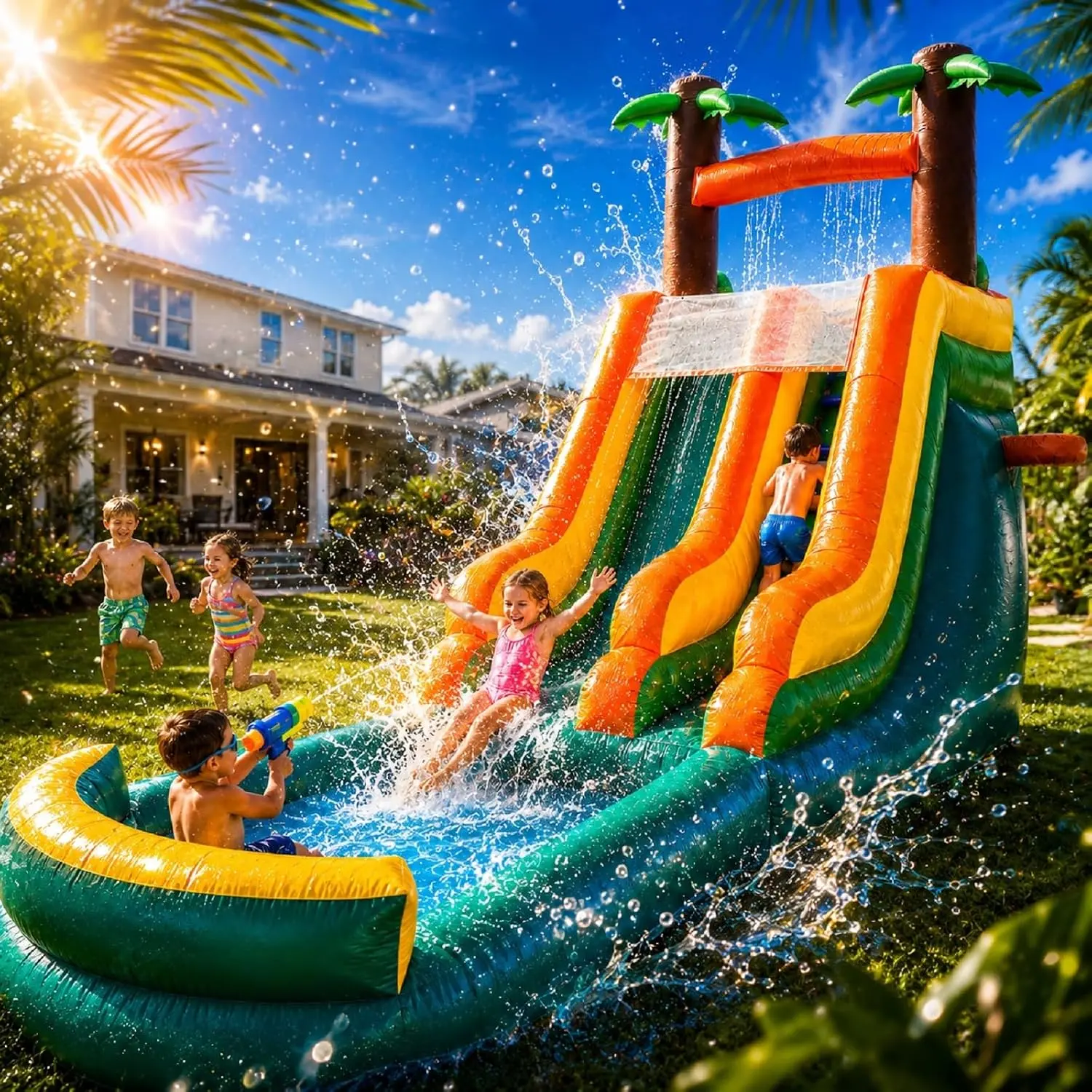 26ft Inflatable Water Slide with Water Spray Tube &Front-Loading & Easy-Supervision, Commercial Heavy Duty 100% PVC Waterslide with Splash Pool 950W Air Blowerfor Kids Adults Party & Rental