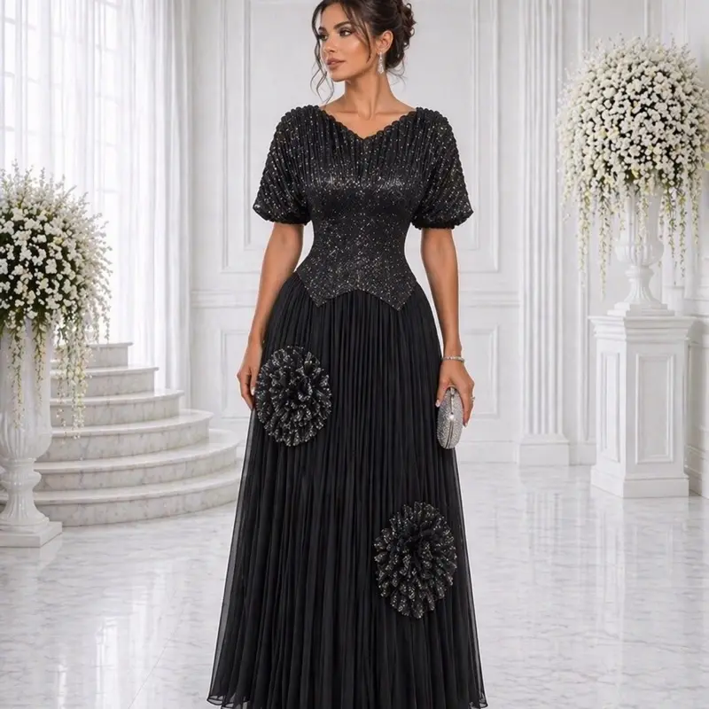 Classy 2-Piece Set for Women, Elegant Shimmer Blouse with Floral Appliqués and Corset Waist, Flowy Pleated Polyester Maxi Skirt for Weddings, Classy Two Piece Sets