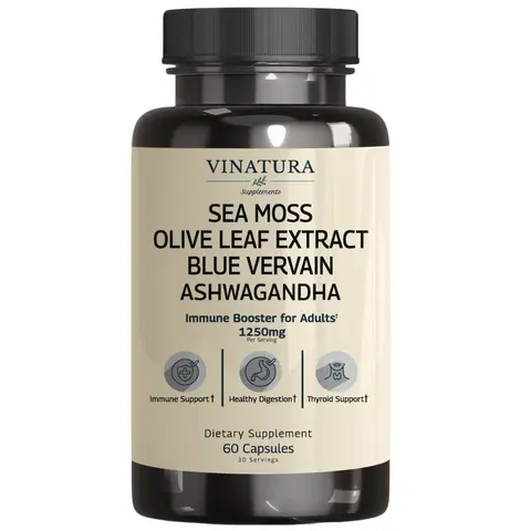 VINATURA Organic Sea Moss, Blue Vervain - with Black Seed Oil, Ashwagandha, Ginger, Burdock Root Capsules - 1250mg per Serving, Immune, Energy, Digestion Support