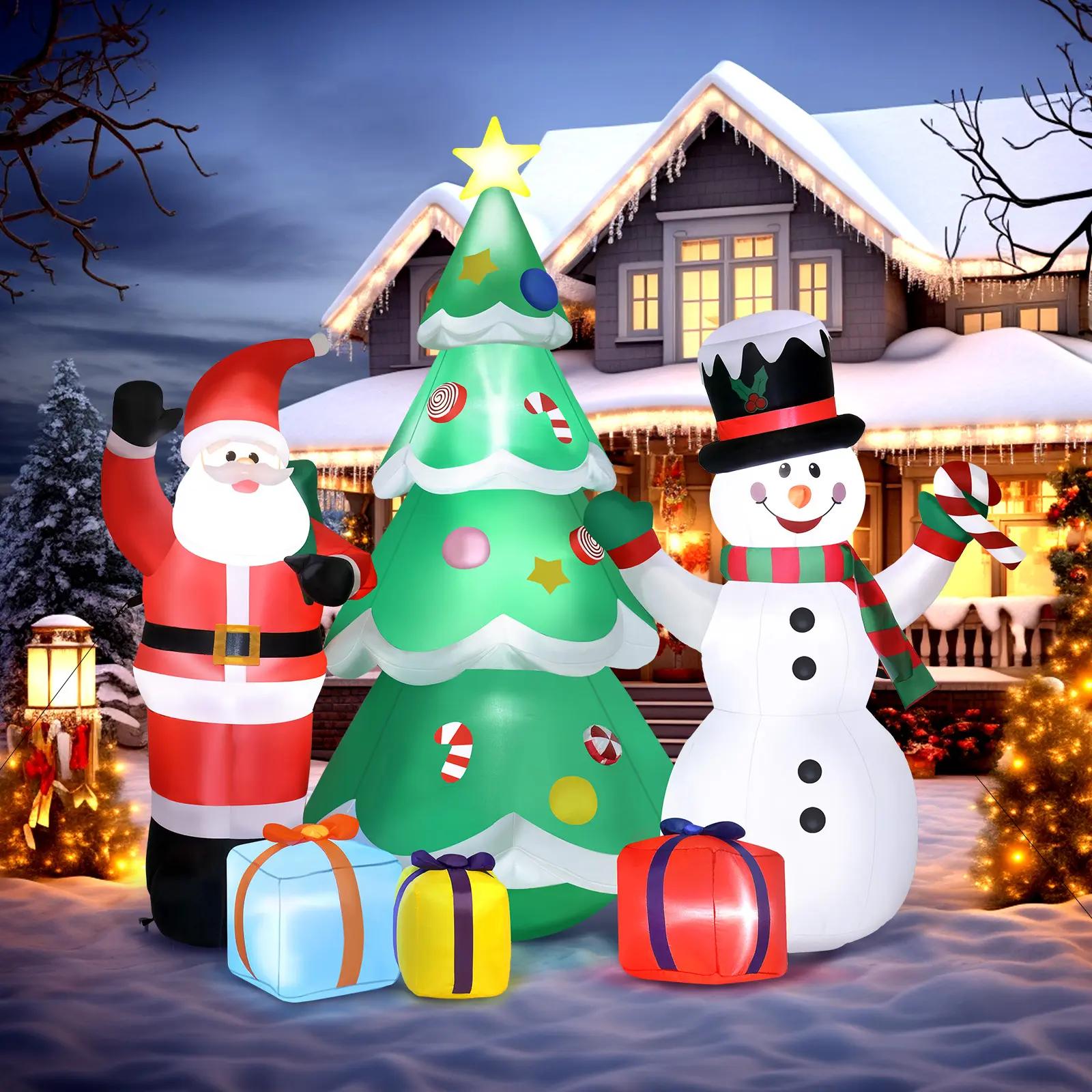 6ft Christmas Inflatables,Snowman Penguin Polar Bear Santa Claus Christmas Tree Set Inflatable Yard Decoration LED Lights Built in Blower Stakes & Tethers Outdoor Porch Lawn Yard