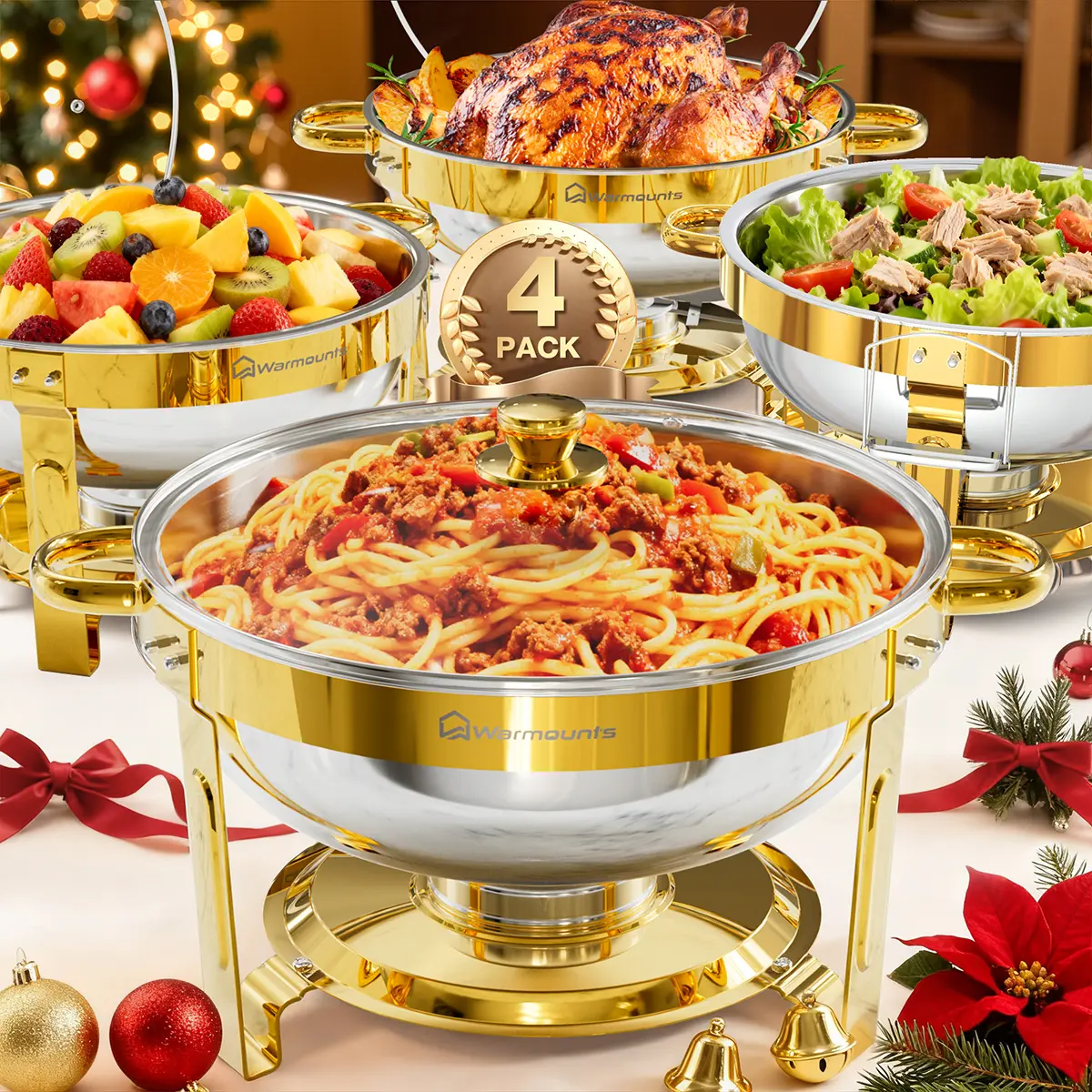 [tiktokshopstockup] WARMOUNTS 5QT Gold Round Stainless Steel Chafing Dishes Kitchenware Set - 5QT Main Dish Hold, Glass Lid, Lid Holder Storage, Rolled Edges, Heat Retention, Space-Saving Stackable, 2/4 Pack for Events, Modern Food Serving Bakeware