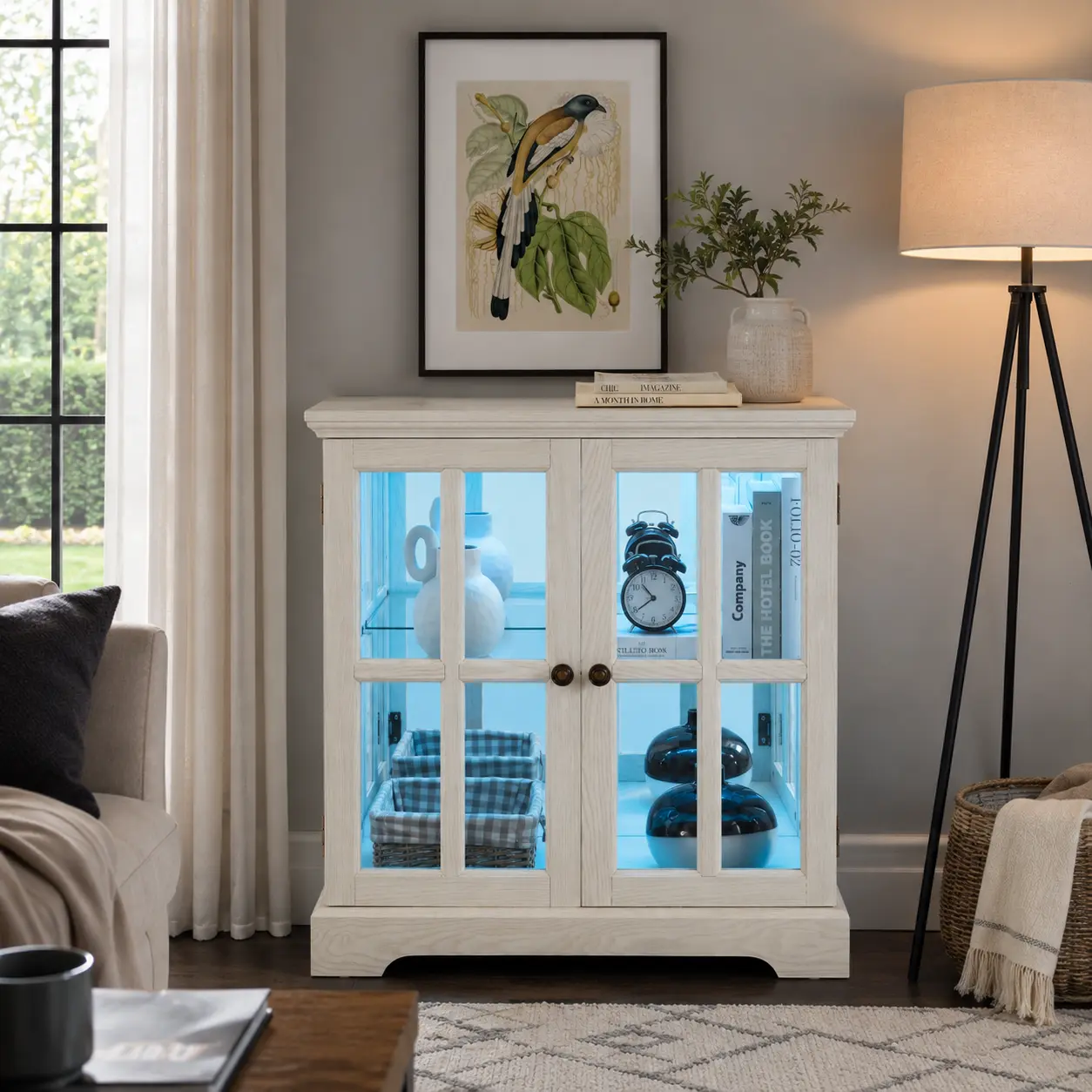 SAVEYOUR White LED Curio Display Cabinet, Retro Antique Showcase with Lattice Doors, Adjustable Shelves, Elegant Multipurpose Bookcase & Storage Cabinet for Home Decor & Organization