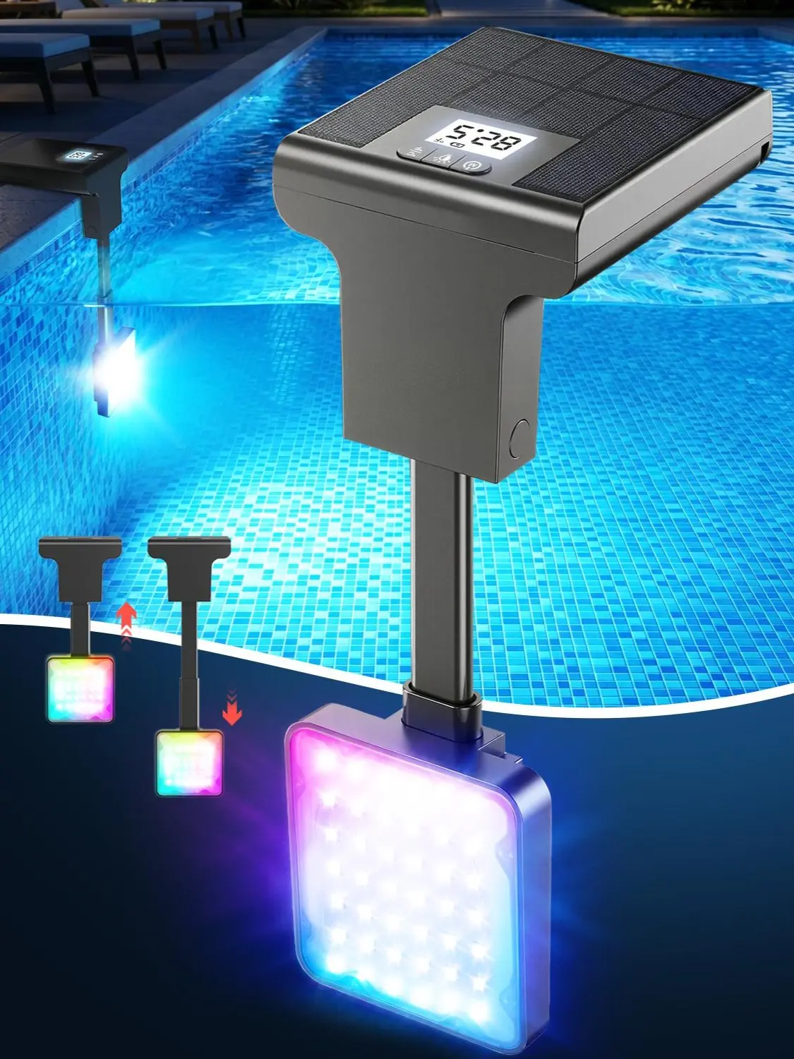 LightHacker Outdoor Solar Pool Light for Inground Pools - 10 Modes,Poolside solar light,LCD Thermometer, 10+ Hours Runtime, 9 Adjustable Lengths, Solar light for Swimming Pool, 2 Mounting Options, IP68 Waterproof, 1 Pack,  Decor, Solar  Lights garden soho
