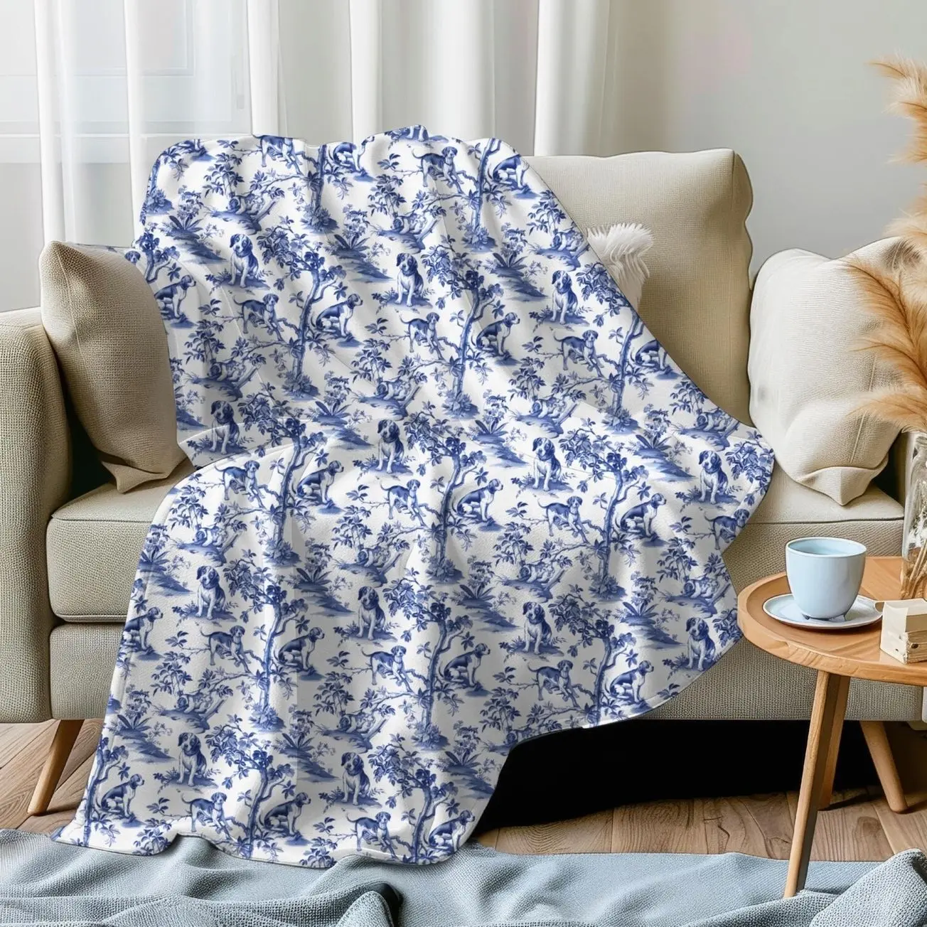 Beagle French Toile Blanket - Blue Toile de Jouy Cozy Throw Blanket for Beagle Mom, Chinoiserie French Country Gifts Dog Toile Plush Blanket
