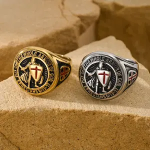 Knights Templar Patterned Ring, Vintage Punk Style Top Ten Warrior Stainless Steel Ring, Holiday Party, Party, Gothic Style, Gift Giving, Christmas Gift