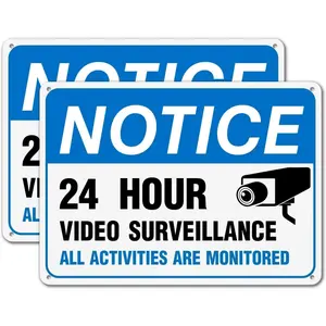2 Pack 24 Hour Video Surveillance Metal Sign, Security Warning Notice for Home & Business, 8x12 Inch