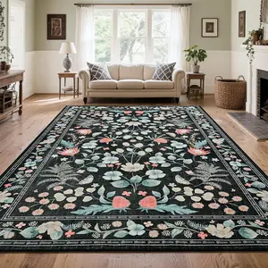 6x9 Stain Resistant Area Rugs for Living Room,  Machine Washable Vintage Rug for Bedroom, Non-Slip Backing  Floral Carpet for Home Office Nursery Dining Room Kitchen, Black,Purple,Green,Beige,4x6,5x7,6x9 Feet