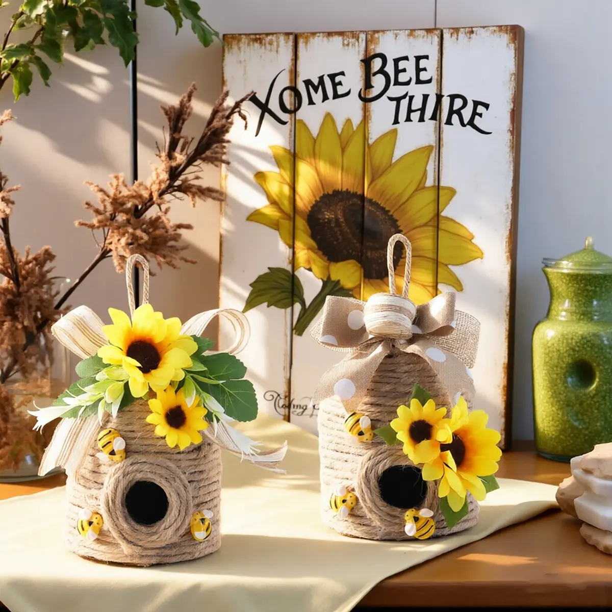 Beehive Nest Decoration Set, Two-Piece Country Style Bee Decorations, Sunflower, Creative Home Decor, Home Indoor Decor, Spring Summer Theme, Kitchen Living Room Fireplace, Home Decor Ornaments, Hanging Decor, Decorative Home Accessory