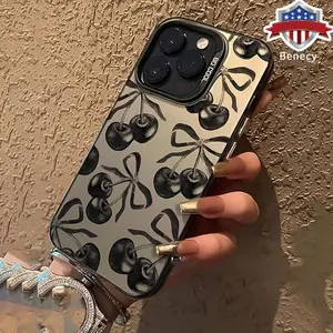 Black Cherry Pattern Case for iPhone 17 16 Pro Max 15 Plus 14 13 12 11  Air XR XS E Shockproof Anti-Scratch Durable PC Back Protective Cover for gift