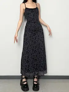 Women's Ditsy Floral Print Contrast Lace Cami Dress, Casual Adjustable Strap Backless Long Dress, Ladies Summer Clothes for Beach Holiday Daily Wear