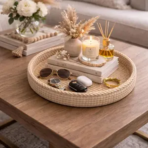 Oak Haven Woven Catchall Tray - Versatile Stylish Storage for Coffee Table Nightstand Entry Table Organizing Small Items