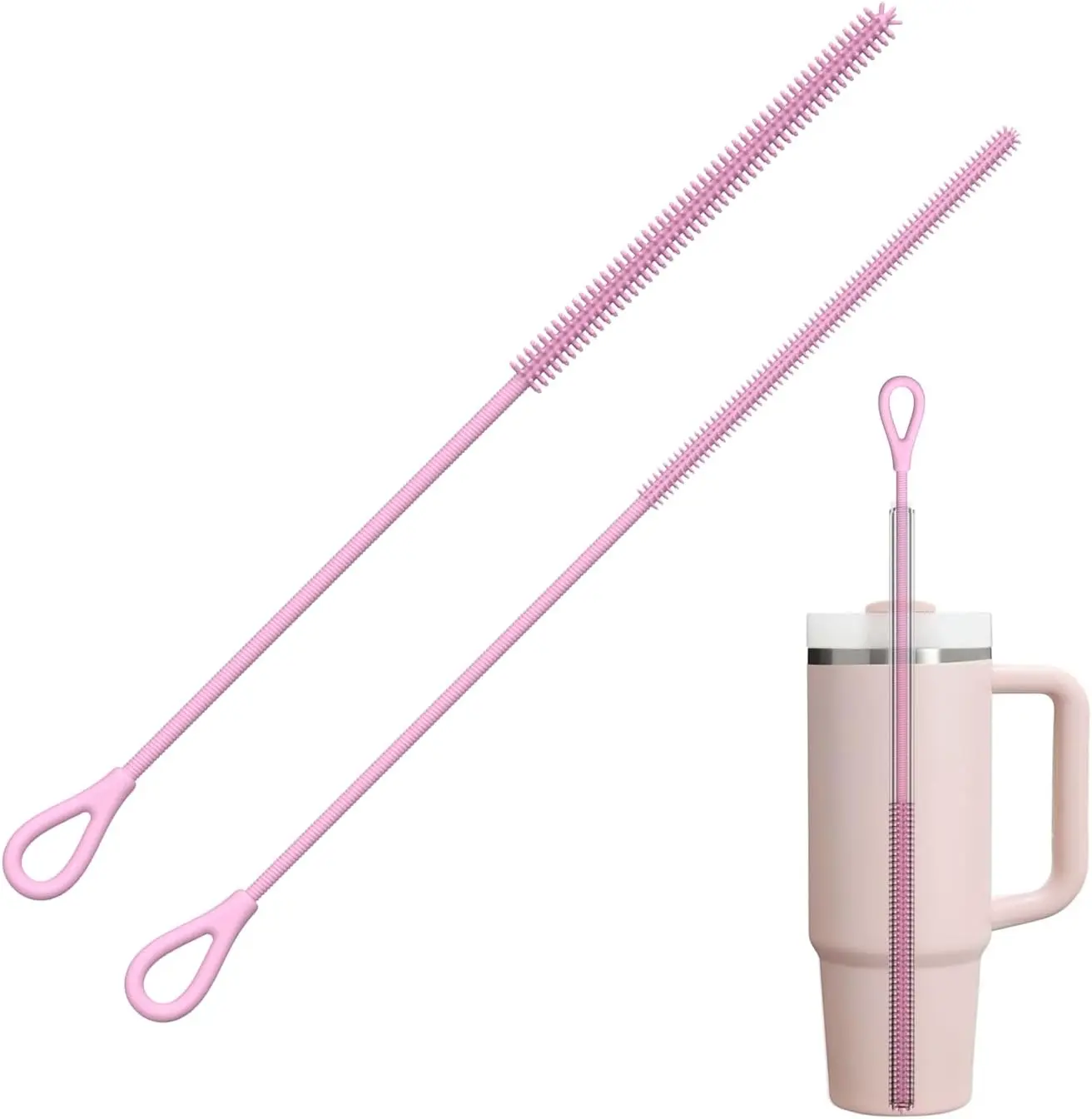 YOTIME Silicone Straw Cleaner Brush, 2Pcs Reusable Straw Brush Extra Long for Cleaning Tumbler with Handle and Glass Metal Smoothie Straws, Non-slip Handle Soft and Bendable, 6mm+9mm, Pink Drinkware