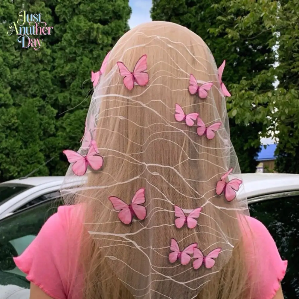 Women’s Butterfly Sheer Mesh Head Veil, 3D Pink Butterflies Decorated Tulle Scarf, Lightweight and Breathable, Perfect for Church Ceremonies, Outdoor Photoshoots, Festivals, and Cosplay, Ultra-Feminine and Ethereal