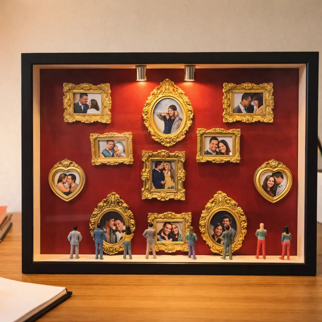 Minimalist DIY Shadow Box Set - 9.5x12.5in Modern Wooden Museum Photo Display, 11 Frames+Figures, 8 Random Figurines, Mini LED Glow Lights, Memory Wall Home Decor, Ultimate Personalized Gift for Parents, Boxed Set