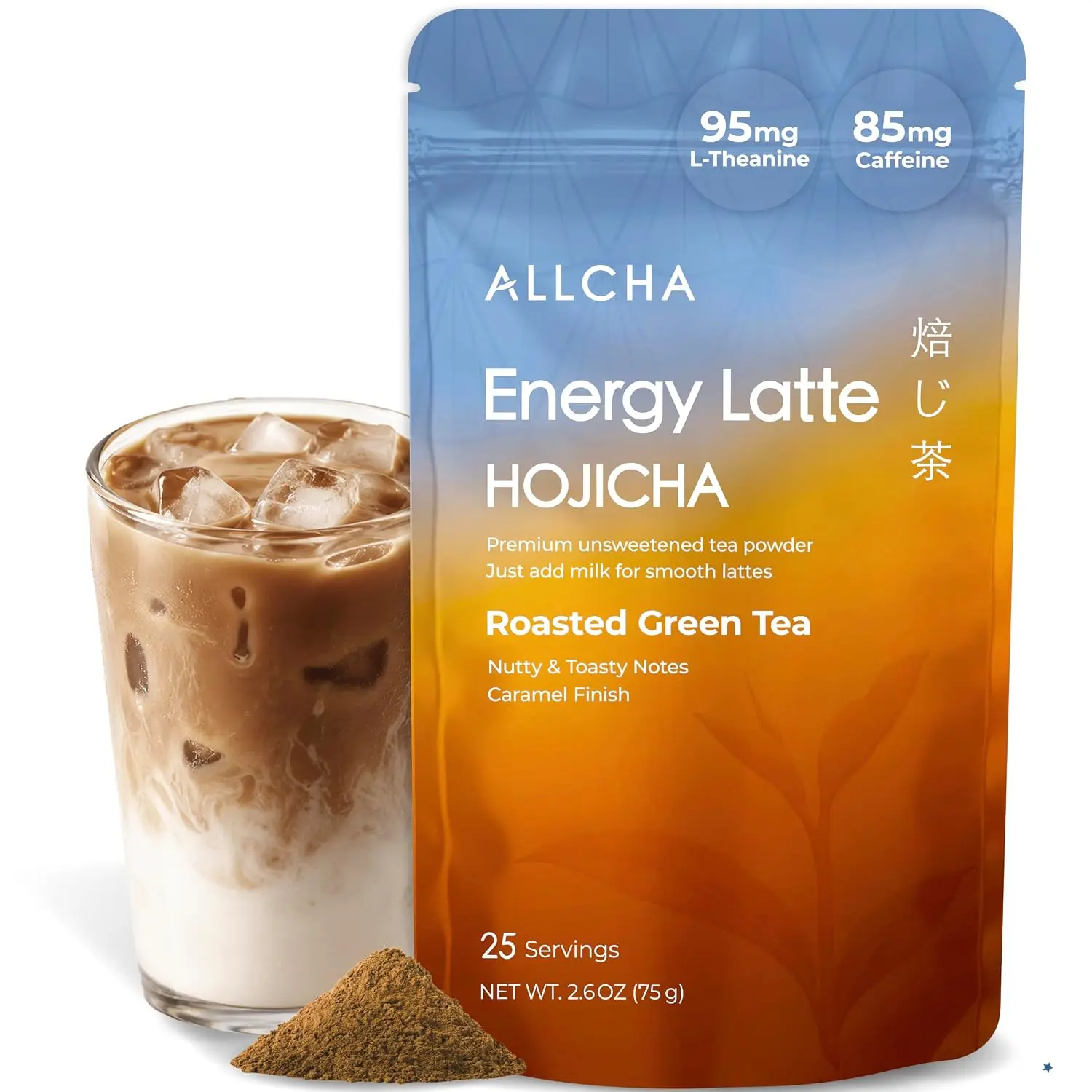 ALLCHA Energy Tea Latte - hojicha plus 85mg Caffeine + 95mg L-Theanine, 25 Servings, nutty & caramel note