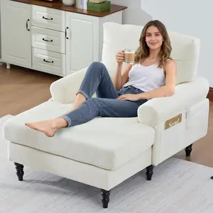 Chaise Lounge Chair Indoor, 49.4" Oversized Armchair, Modern Chenille Upholstered Reading Chair w/Side Pockets, Recliner Sleeper Lounge Accent Chair for Bedroom Living Room Small Space (Beige)