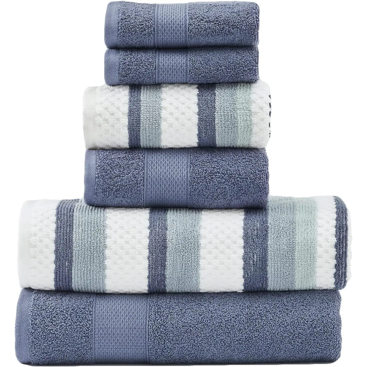 Pax 6-Piece Reversible Yarn Dyed Jacquard Towel Set - Bath Towels, Hand Towels, & Washcloths - Super Absorbent & Quick Dry - 100% Combed Cotton, Denim