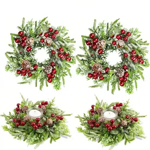 4 Christmas Candle Rings, Round Wreath, Berry Pinecone, Artificial Berry, Cedar Wreath, Candle Ring Holder, Holiday Decorations, Ornaments