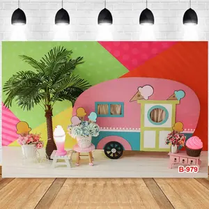 Photography Background Playful Kids Cartoon Food Truck Trees Flowers Children's Birthday Party Photo Studio Backdrop