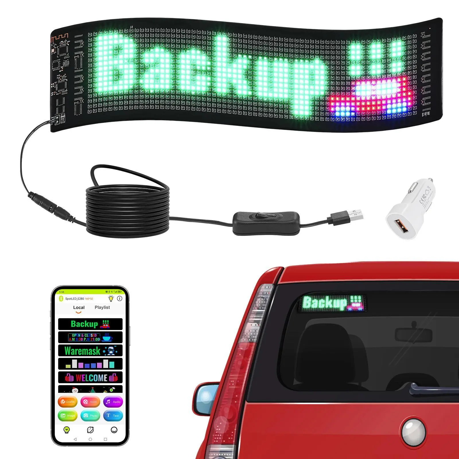【Summerfinds】VEVOR Programmable LED Sign, P5 Full Color LED Scrolling Panel, DIY Custom Text Animation Pattern Display Board, Bluetooth APP Control Message Shop Sign for Store Business Car Bar Advertising, 15"x4"