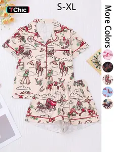 Women's All Over Cowboy Print Lapel Shirt & Shorts Pajama Two-piece Set, Casual Comfy Short Sleeve Top & Shorts PJ Set, Ladies Summer Sleepwear Pajamas Loungewear Pyjamas Womenswear