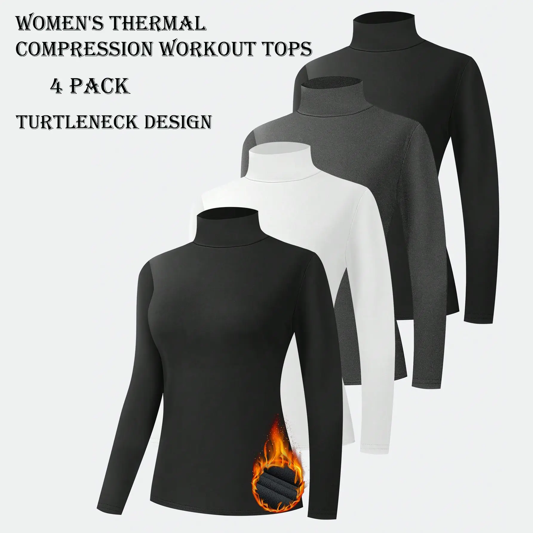 4 Pack Women's Long Sleeve T Shirts Thermal Workout Underwear Shirts Turtle Neck Fleece Lined Compression Long Sleeve Base Layer Tops For Skiing Gym Outdoor Sports Gym Activewear backtoschool