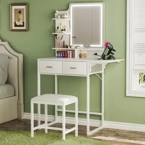 Makeup Vanity Desk with Mirror and Lights, Small Vanity with Fabric Storage Drawer & Chair & Shelves, White Vanity with Fold-up Panel and Power Outlet for Bedroom