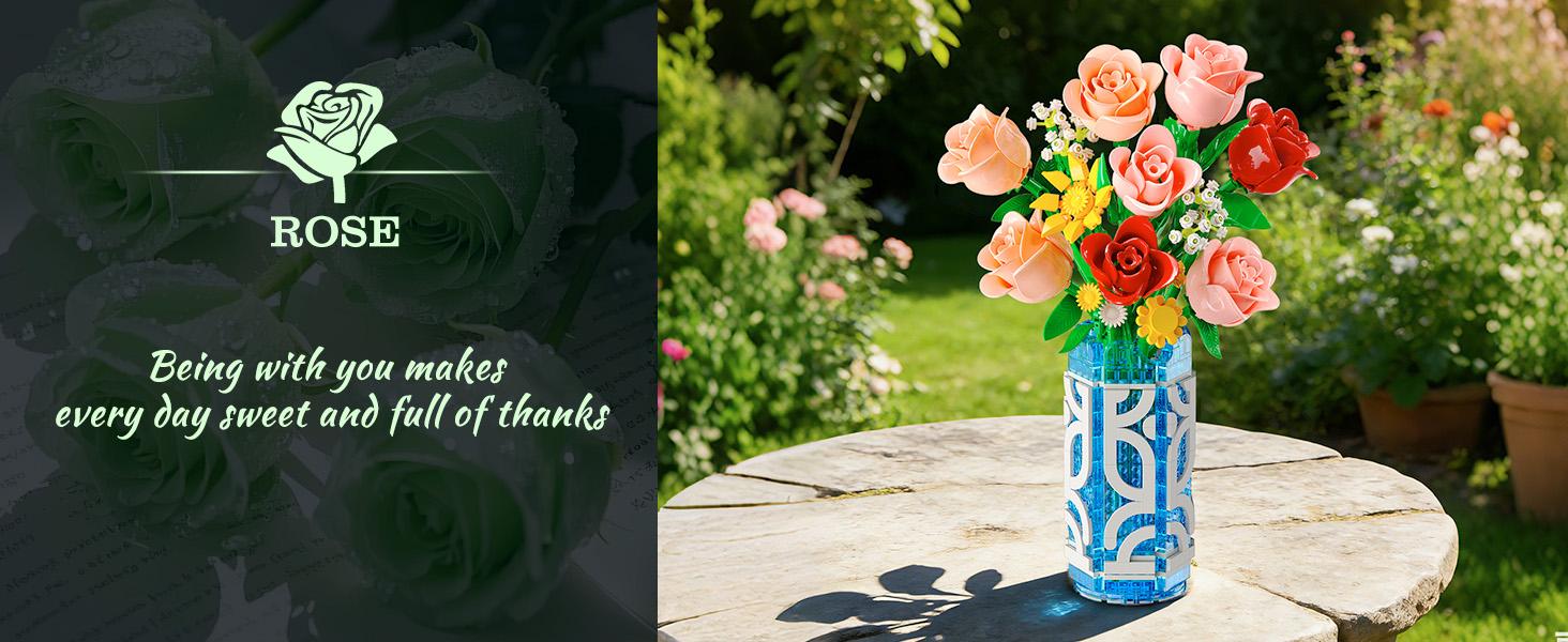 14 Flowers Bouquet Building Set with Vase and LED Light, Mother's Day 747 PCS Mini Roses Flower Botanical Building Blocks Toy, Birthday Gifts for Adults, Artificial Roses Flowers Home Decor
