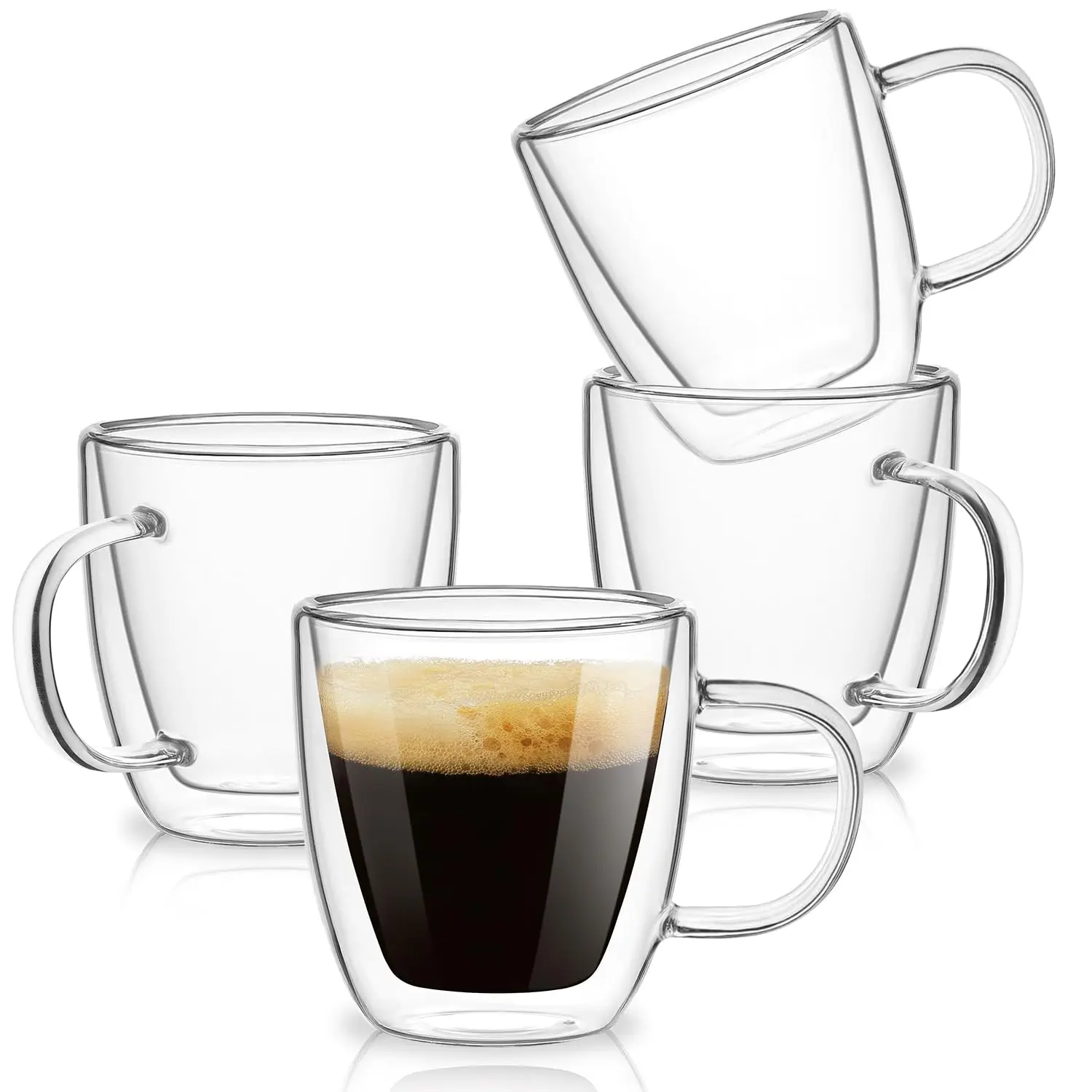 Espresso Cups Set Of 4  Double Wall Hand Blown 5.5oz Shots Glass Coffee Mugs With Handle For Cappuccino Latte Tea