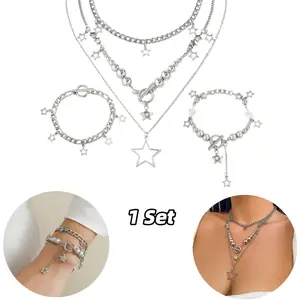 3 Pcs Silver Star Necklace Bracelet Star Shaped Pendant Necklace Set Round Bead Metal Chain Accessory Jewelry Set Fashion Accessories
