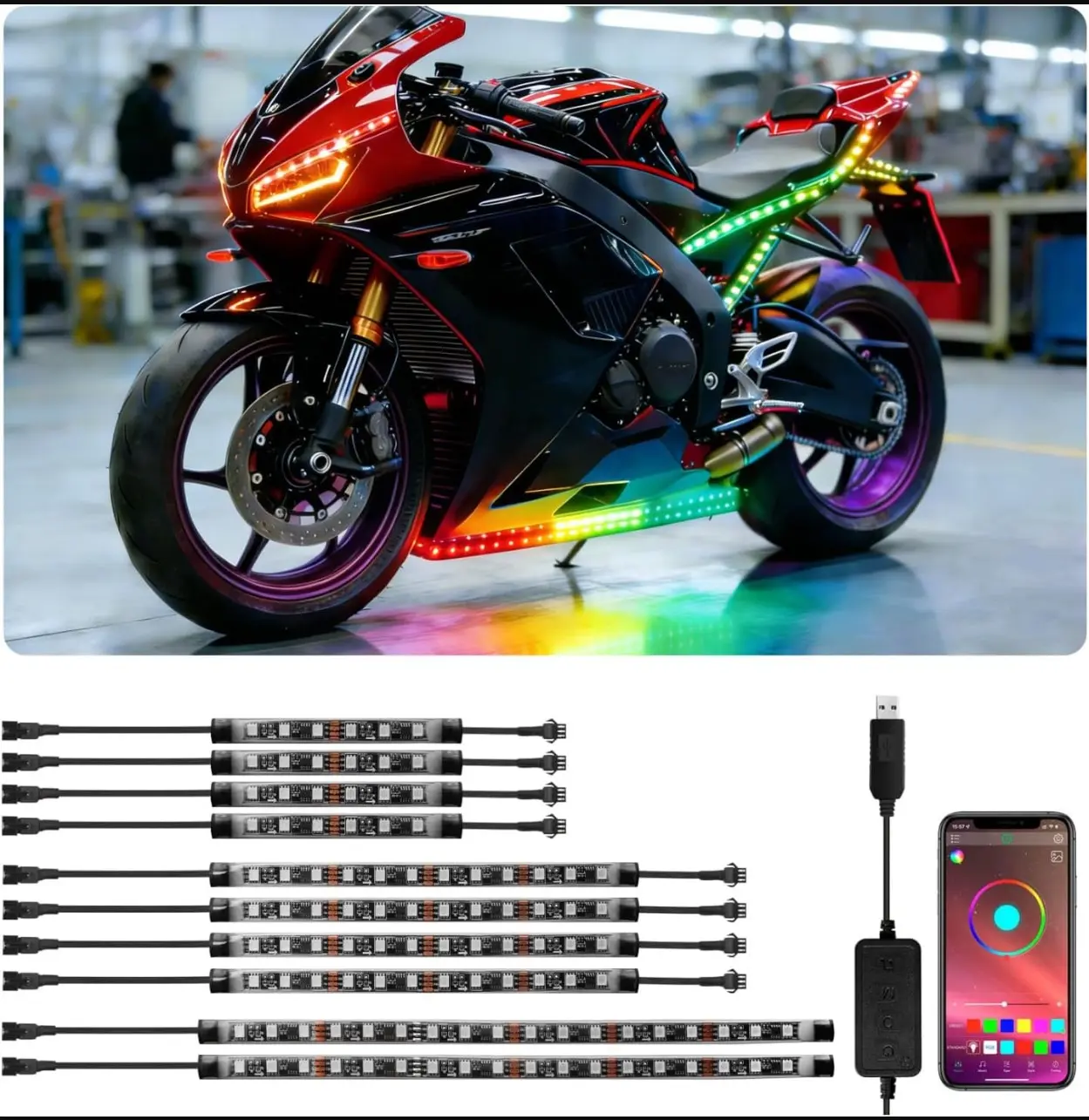 10Pcs Motorcycle LED Underglow Kit - USB Plug & Play, RGB Colors, App Control, Rainbow Effect Ride Decor Strip Lights