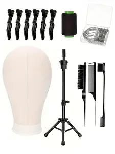 Complete wig styling set for beginners: 22 inch wig head mold+tripod+needle and thread box+brush | Beginner specific wig grooming tool set.
