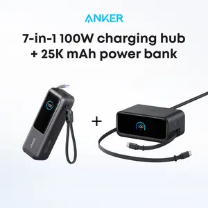 Anker Portable Laptop Power Bank with Built-In Cables, 25,000mAh High-Capacity Battery, Fast Charging for 4 Devices and Anker Nano Charging Station, 7-in-1 USB-C Power Strip, 2.3 ft Anker InstaCord Retractable Cable, 3 USB-C, 1 USB-A, 3 AC,