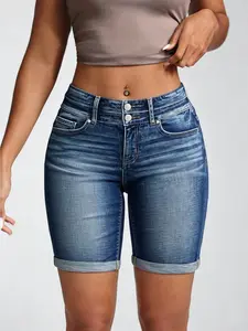 Plus Size Women's Ripped Denim Jean Shorts High Waisted Stretchy Folded Hem Short Jeans for Everyday Wear Comfortable & Stylish Bottom - Womenswear