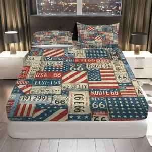 3Pcs Vintage Route 66 American Flag Fitted Sheet Three Piece Set (1*Fitted Sheet+2*Pillowcases, Coreless), Independence Day theme, Patriotic Americana Bedding Set, Mattress protector Soft, Breathable