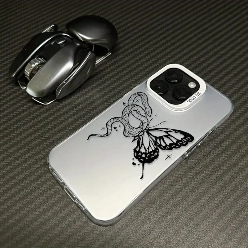 New Snake and Butterfly Laser Frosted Phone Case, Anti-Fall Full Cover Precise Protective Case, Boyfriend,Compatible with iPhone 17 16 15 14 13 12 11 XS XR PRO PLUS AIR E   Ideal Birthday Gift for Girlfriend, Boyfriend or youself, Butterflies, Accessories