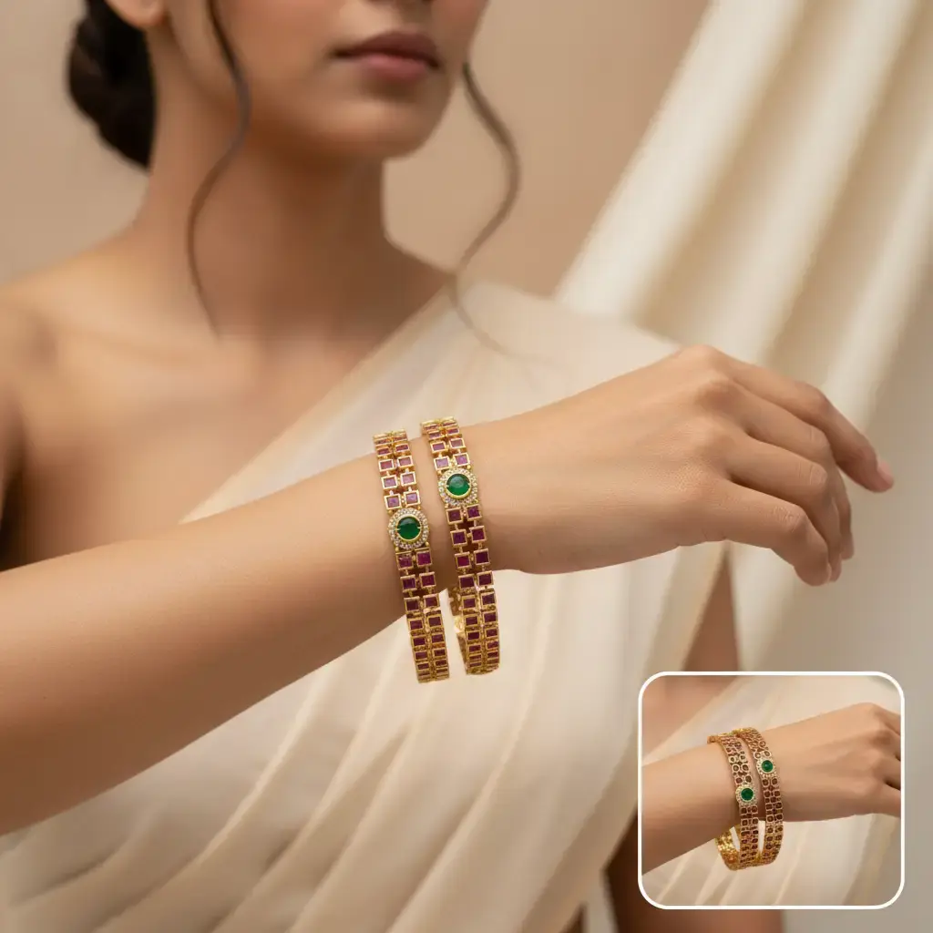Traditional Indian Bangles in Ruby Colored Green and Clear Stone. Set of 2 Pieces. Perfect for Any Occassion Beautiful Bracelets